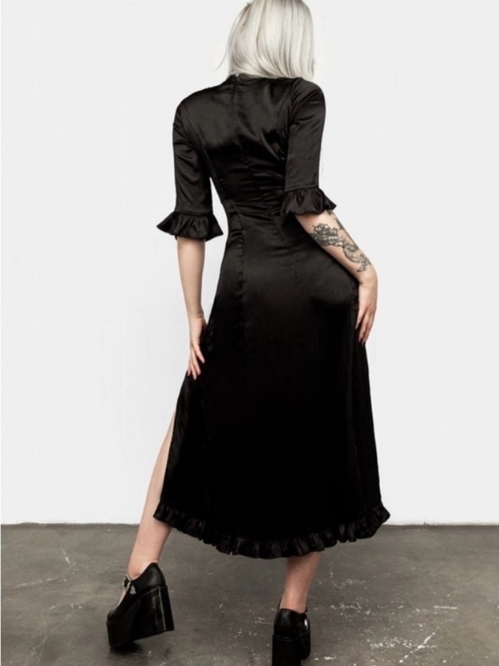 Disturbia Black Long Sleeve Midi Dress with Ruffle Hem - Picture 3 of 3